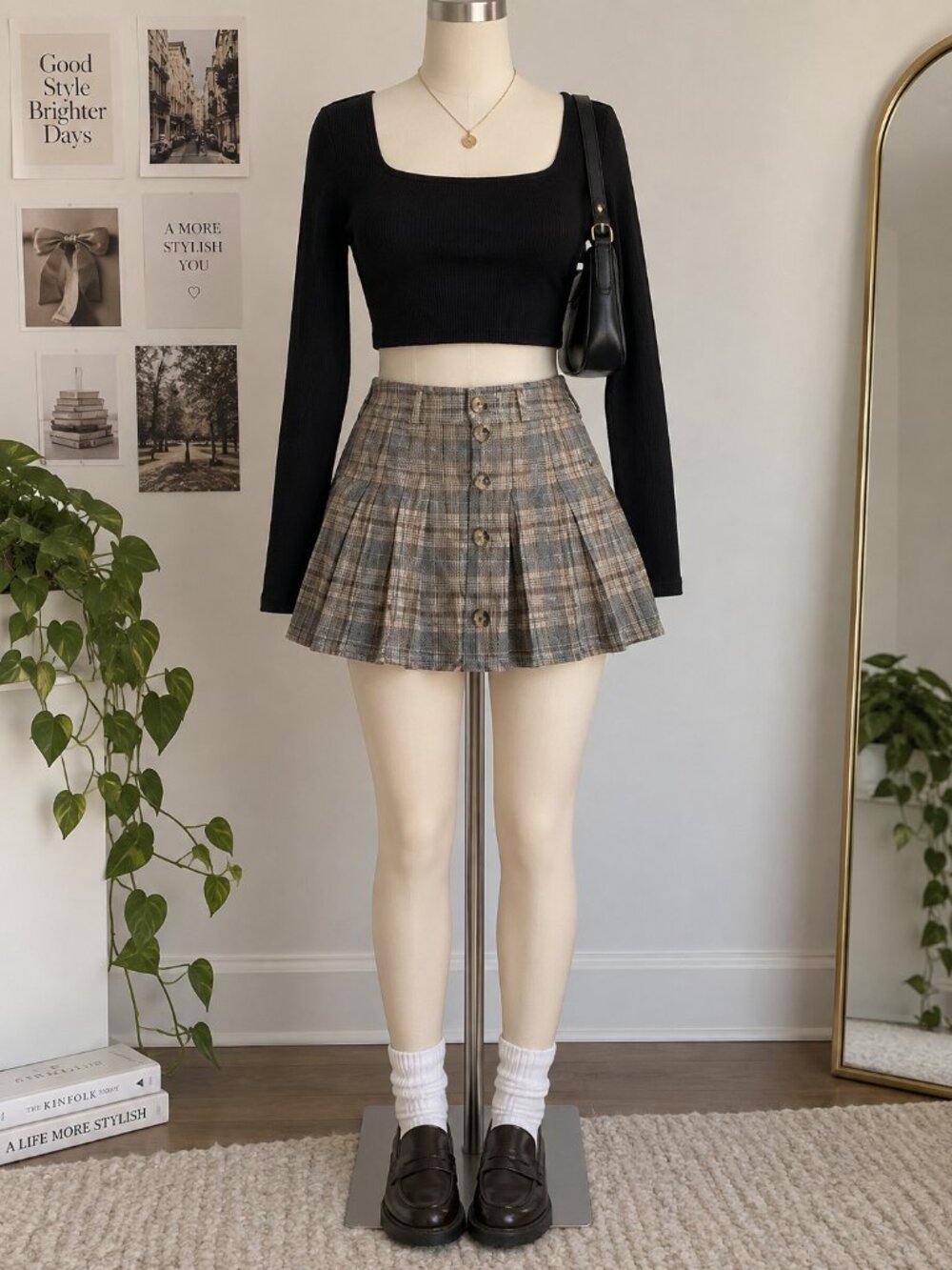 American Eagle Plaid Pleated Mini Skirt Size 2 Gray Brown Preppy Y2K Fall - Picture 7 of 9